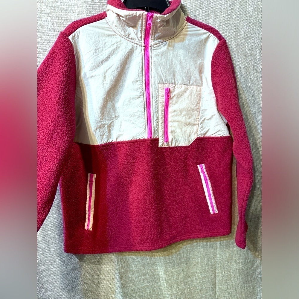 Te Verde Womens NWOT Hot Pink & White Fleece Zip Up Size Medium